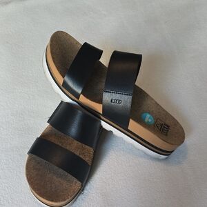 Reef Black Double-Band Slide Sandals with White Sole